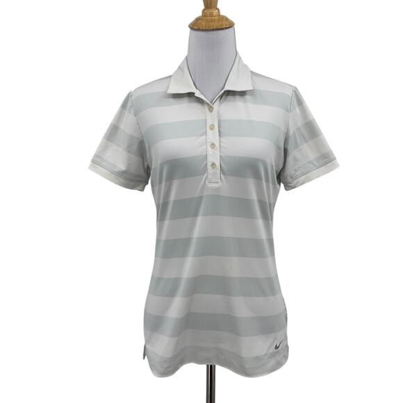 Nike Polo Shirt Womens S Small White Gray Striped Dri Fit Tour Performance Golf - Picture 1 of 12